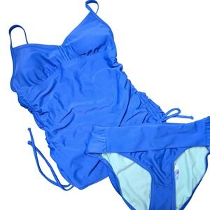 NWT Prana XS Solid Blue Tankini Set Ruched Side Tie Swim UPF 50